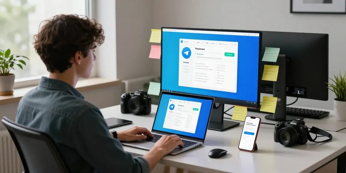 Enhance your Telegram Web Version experience in a modern tech workspace with seamless connectivity.