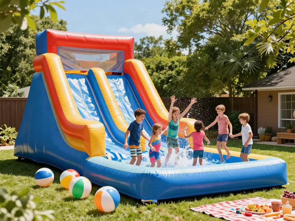 Children enjoying a water slide inflatable splashing into a pool in a vibrant backyard setting.