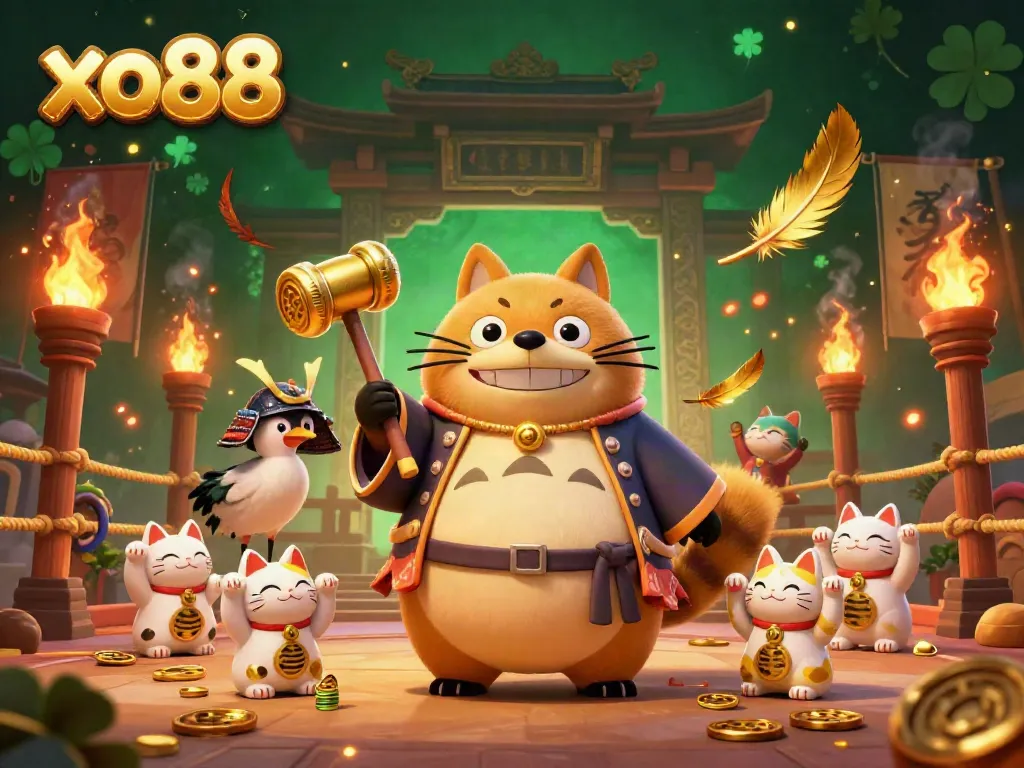 Experience the excitement of xo88 with a lucky tanuki and fortune cats amid vibrant casino elements.