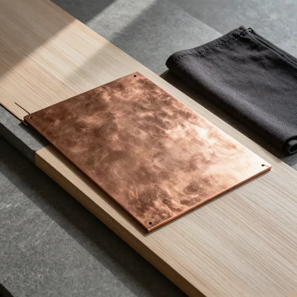 Overhead copper sheet with offcuts and folded cloth on stone and wood