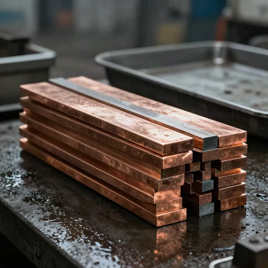 Copper blanks, rods, and a sheet edge glinting on a wet factory plinth in dark studio light