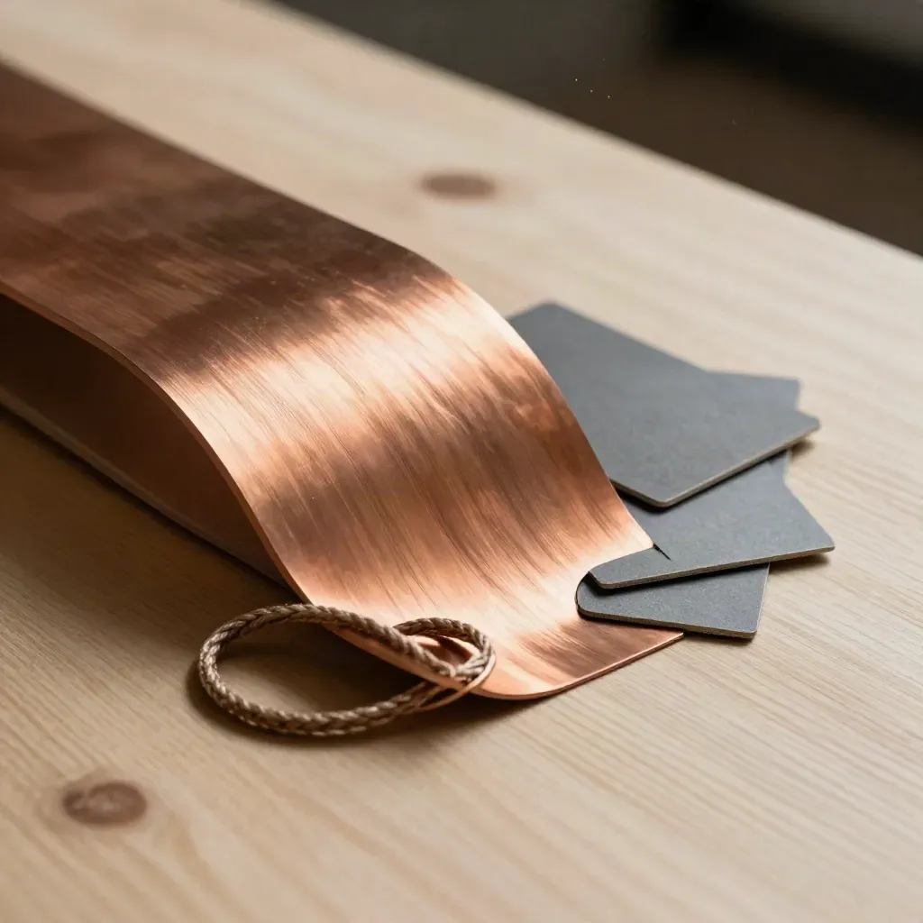 Copper alloy sheet arcing across pale wood with cord coil, swatches, and a slate-gray card block.