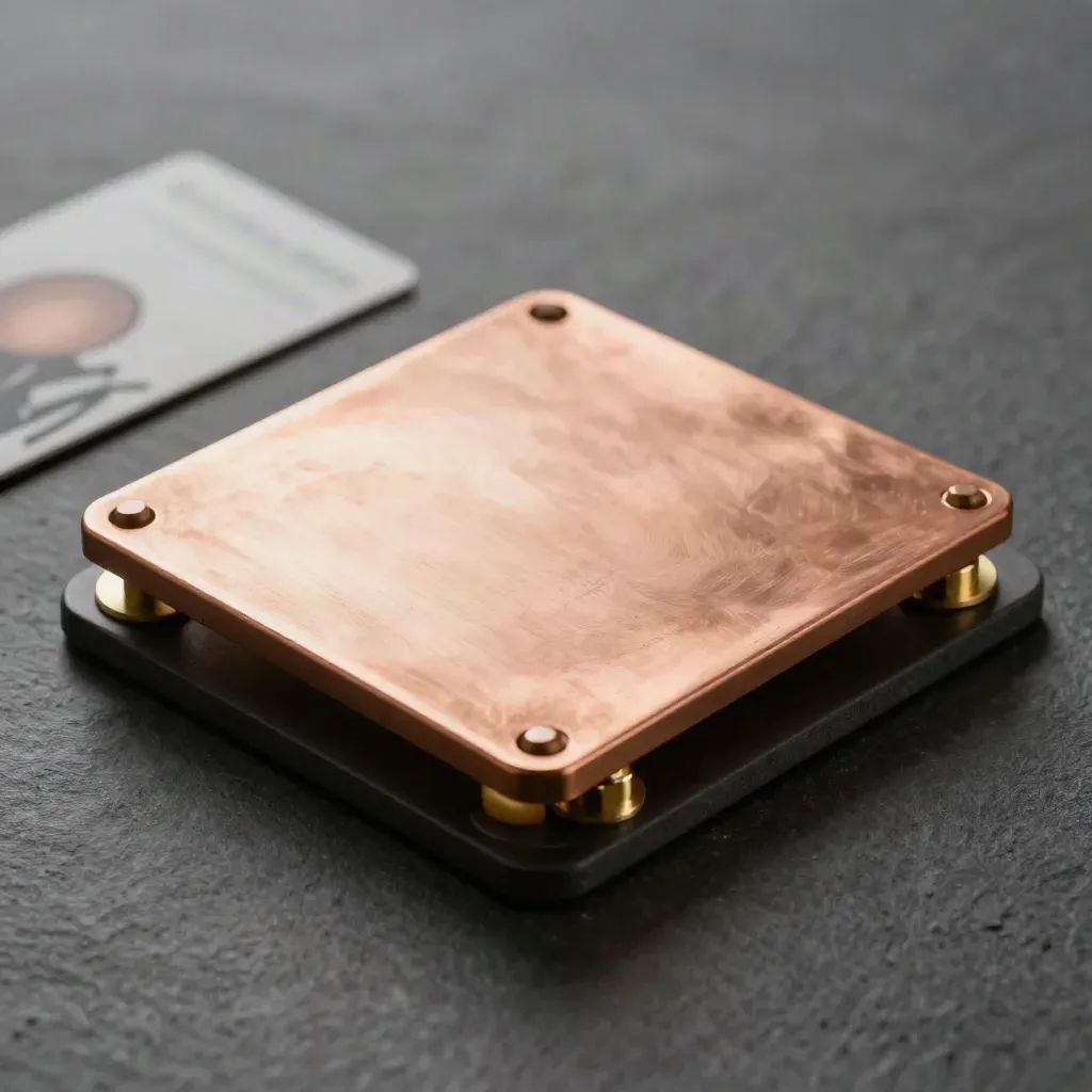 Macro copper plate blank on a dark plinth with brass spacers and felt, lit dramatically.