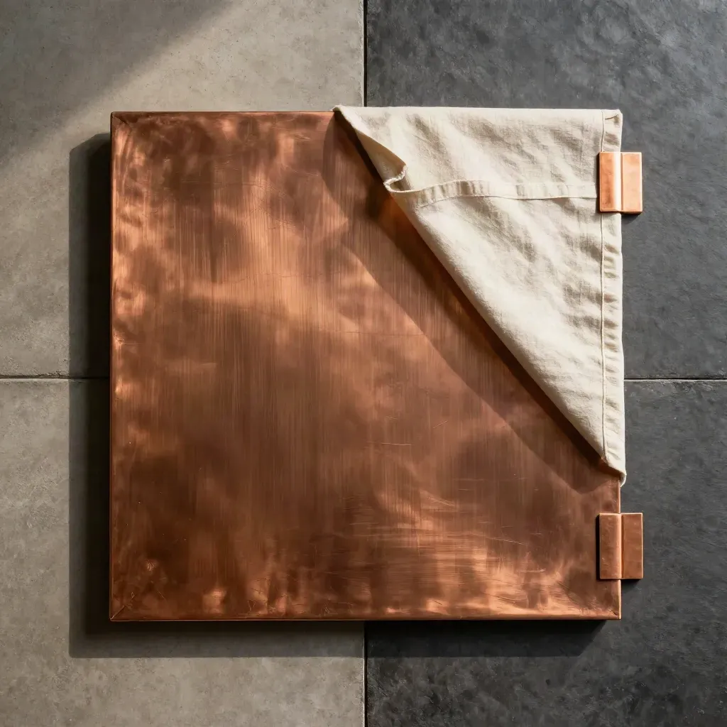 Overhead copper sheet flatlay with ivory linen corner and two tabs on concrete slab.