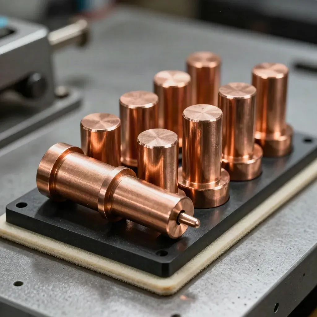 Ten machined copper spacers in precise rows on a dark bench, one tipped forward.