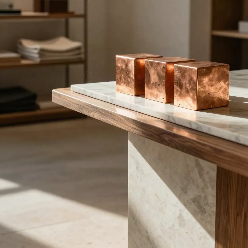 Three copper blocks on a walnut ledge with marble, soft sunlight and blurred shelving.