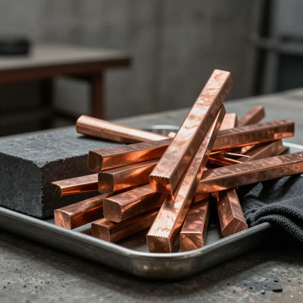 Copper offcuts in a steel tray beside graphite block and folded cloth.