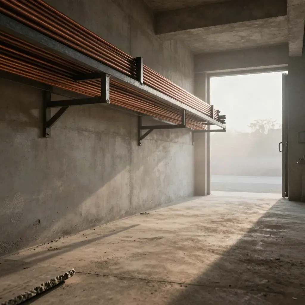 Foggy concrete corridor with copper rods on a steel rack, shot low with strong leading lines.
