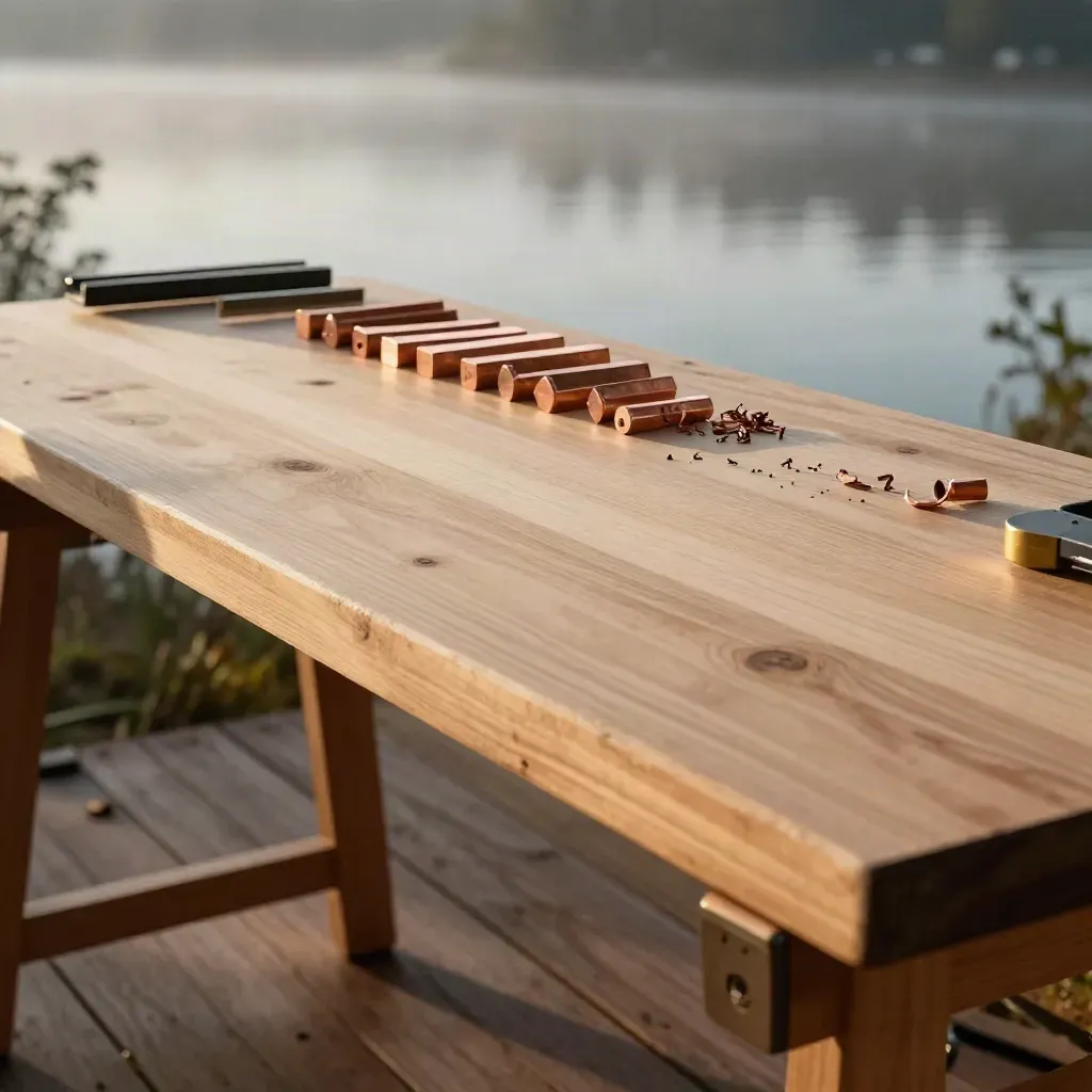 Cedar workbench by a misty lake with copper blanks glowing in golden light