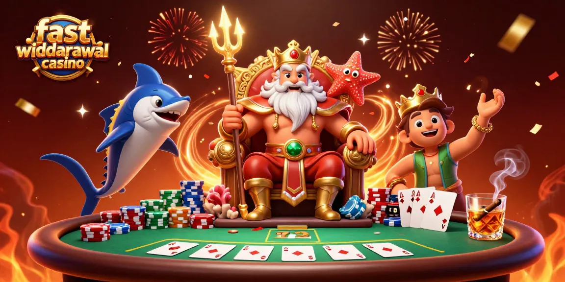 Experience fast withdrawal casino excitement with Neptune, chips, and poker flair in a vibrant scene.