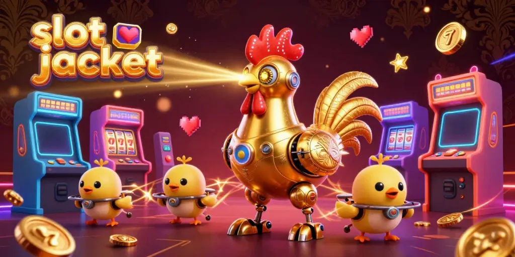 Engage with the thrill of slot jackpot in this vibrant 3D casino-themed scene featuring a golden rooster robot.
